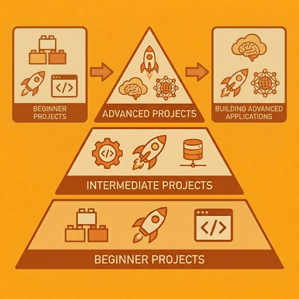 Three connected steps showing progression from beginner projects to understanding Claude's capabilities to building advanced applications